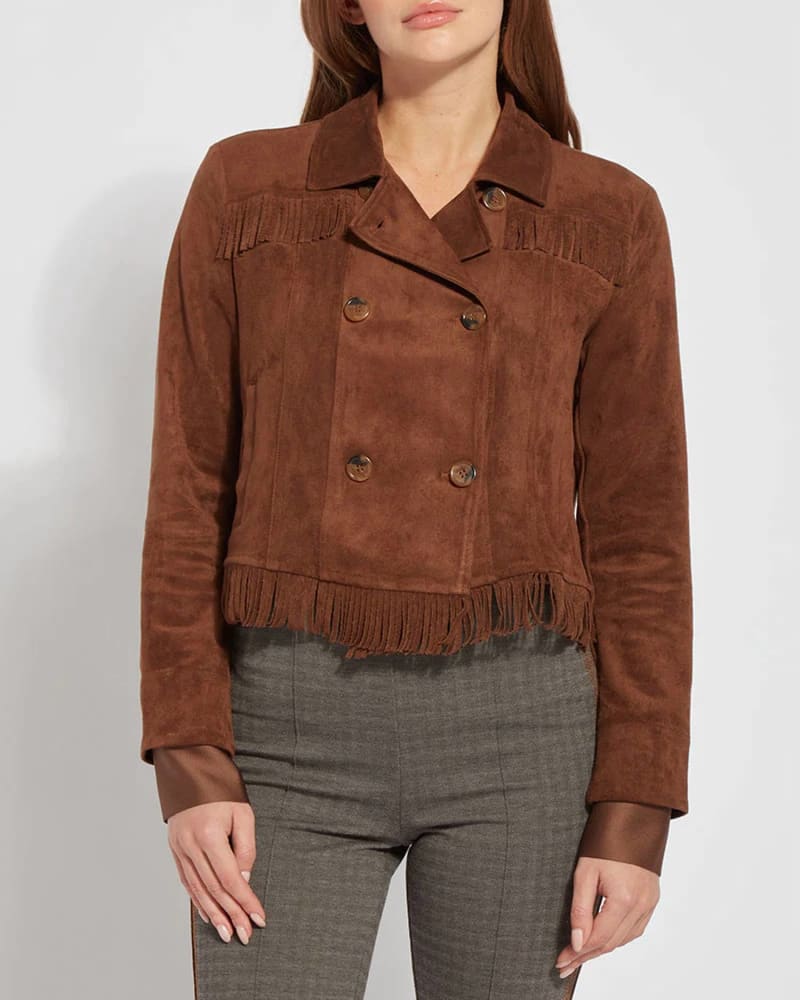 Front of a model wearing a size XL Zora Fringe Suede Jacket in Bronze in Bronze by Lysse. | dia_product_style_image_id:326634